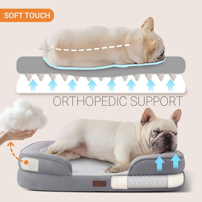 Soft Touch Orthopedic Dog Bed for Medium Dogs with Faux Fur Top, Waterproof Pet Couch Bed with Removable Washable Cover and Supportive Foam Filling (Grey, Medium)