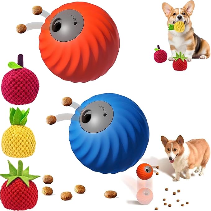 Zoomie Buddy 2.0, Zoomie Buddy for Dogs, 2 in 1 Smart Touch Interactive Dog Balls & Pet Feeder, 2.83" Diameter, Suitable for Small/Medium Dogs, with Fruit Plush Cover (Blue+Orange, 3*Mix)