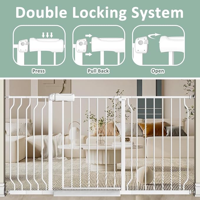 TSAYAWA Walk Through Baby Gate with Door, 62-67 Inch Wide Presure Mounted No Drill Metal Auto Close Child Gate for Stair Doorway - Indoor Outdoor Safty Gate for Toddler Dog Doggie, White
