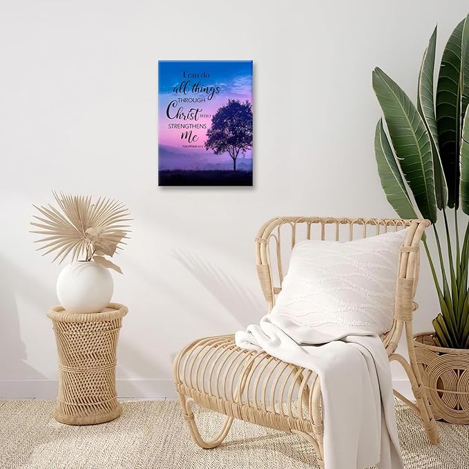 Christian Tree Wall Art I Can Do All Things Canvas Wall Decor Prints Framed Painting Purple Pictures Gifts Artwork for Bathroom Bedroom 16"x20"