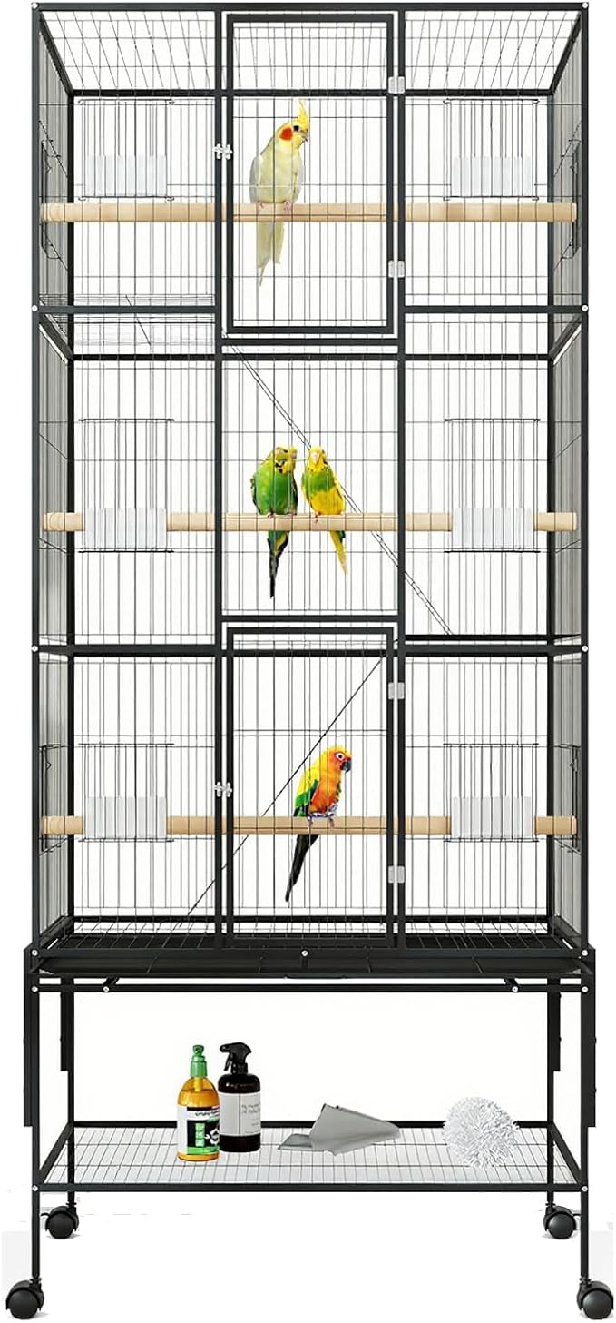 69inch Large Bird Cage Parrot Cage Metal Parrot Flight Cage for Budgie Parakeet Conure, Feeders, Ladders, Perches, Slide-Out Tray Rolling Cockatiel Cage for Mid-Sized Parrots Detachable Storage Stand