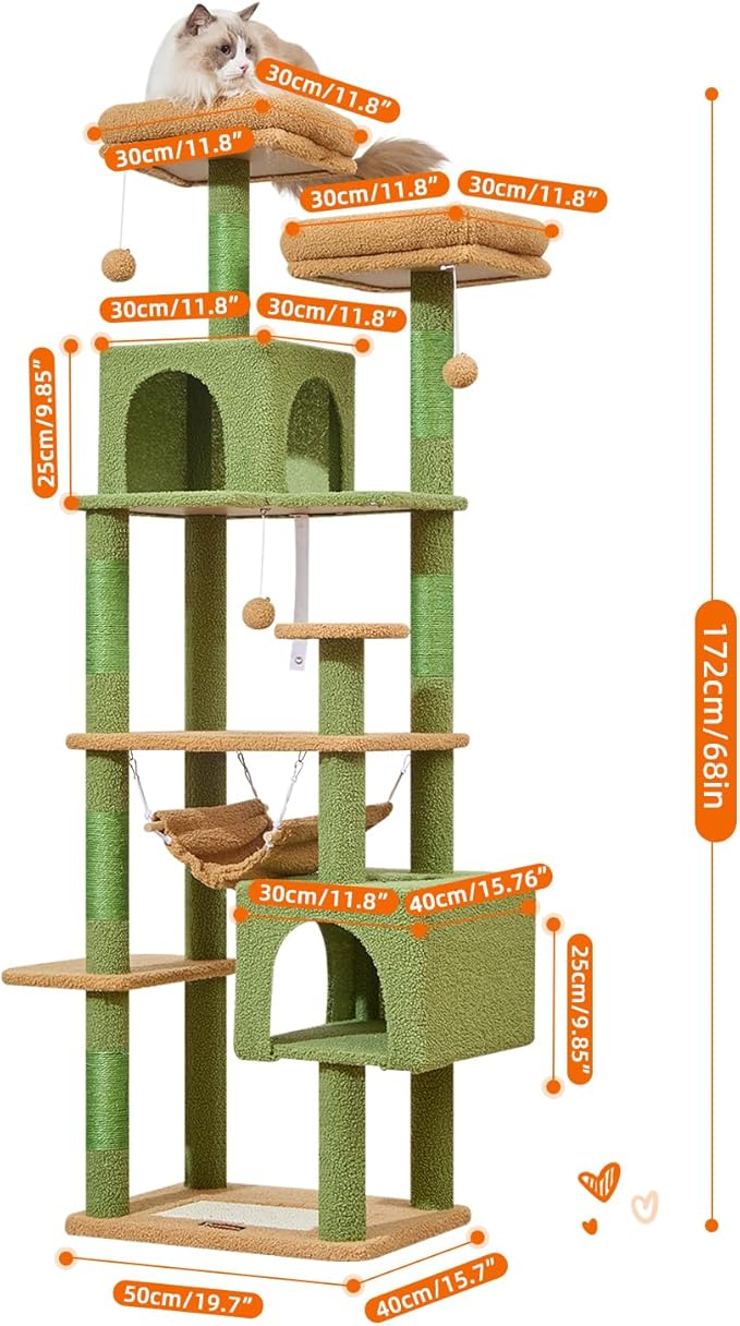 Taoqimiao Cat Tree, 68-Inch Cat Tree Cat Tower for Indoor Cats, Plush Multi-Level Cat Condo with 6 Scratching Posts, 2 Perches, 2 Caves,Hammock, 3 Pompoms,MS020ST Cactus