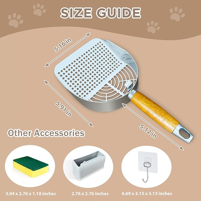 Cat Litter Scoop, Litter Scooper, Metal Cat Litter Scoop, Stainless Steel Cat Litter Scoop, Kitten Pooper Lifter, Kitty Metal Scooper with Holder for Cat Litter Box Round Holes Easy Cleaning
