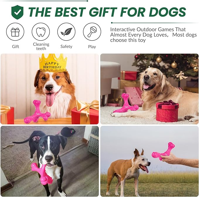 Dog Chew Toys for Aggressive Chewers Large Breed,Indestructible Bones Toy,Durable Cleaning Toothbrush Natural Rubber Dog Toys… (Pink)