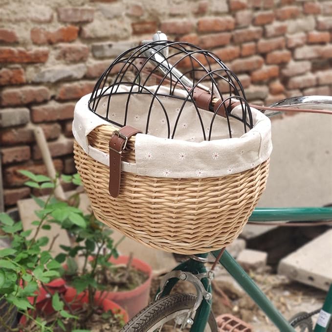 Wicker Bike Basket for Small Dogs Cats Pet Carrier Front Basket with Wire Mesh Cover (Wood Color)