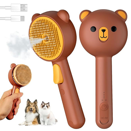 Cat Steam Brush, Self Cleaning Pet Spray Hair Removal Comb with Release Button, 3 In 1 Cat Brush for Indoor Cats, Waterproof Pet Grooming Brushes for Long Short Haired Dogs Cats(Brown)