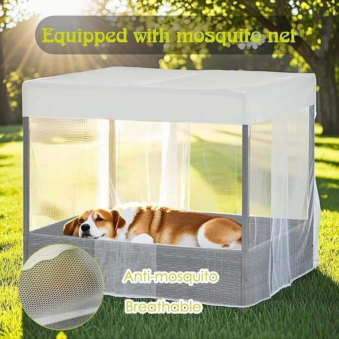 Wicker Dog House Outdoor Indoor with Canopy, Weatherproof Outside Dog Shelter Bed with Cushion, 4Sided Mesh Windows, Pet House Tent Shade for Small Medium Dogs, Rattan Dog Cot for Patio Yard Gray