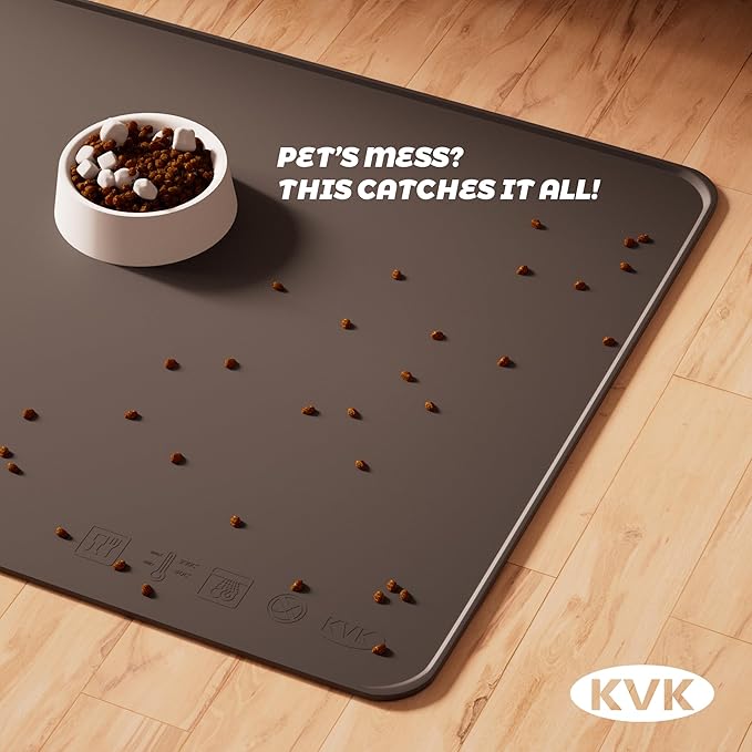 KVK Extra Extra Large Silicone Dog Food Mat 39.4×43.3in and 128oz Silicone Bag Set, Super Size Waterproof Pet Feeding Mat & Container, Non-Slip, Chew-Resistant Floor Protection (Dark Grey&Clear)