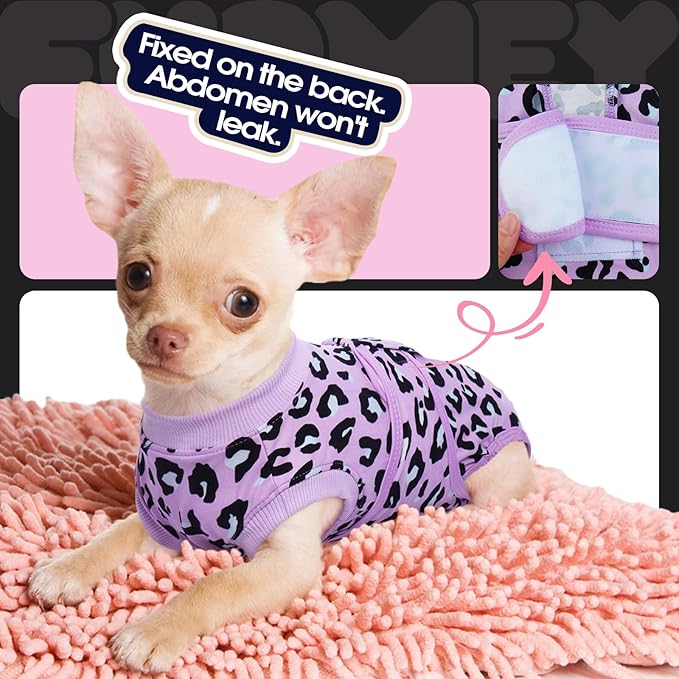 FUAMEY Recovery Suit for Dogs After Surgery,Soft Breathable Dog Bodysuit E-Collar & Cone Alternative Surgical Suit,Male Female Dog Neuter Spay Suits Anti Licking Wounds Onesie Purple Leopard XS