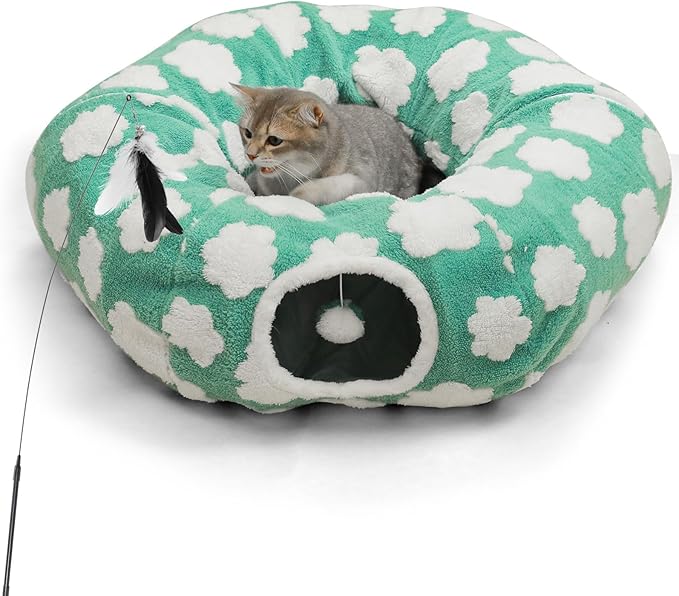Cat Tunnel Bed for Indoor Cats,Soft Peekaboo Cave Cat Donut Tunnel with Washable Circle Cushion Central Mat, 3 Ways Shaped Round Pet Play Tunnel Toy for Kitten Puppy Rabbit Ferret Green