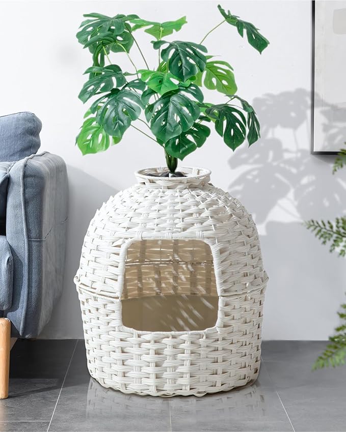 Cat Litter Box Plant Enclosure, Hidden Handwoven Rattan with Cat Litter Box Furniture and Artificial Plants, Odor Control Filter, Real Stones in Living Room, Bedroom, Corner (White)