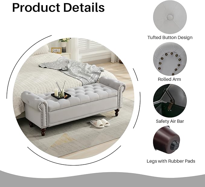 Storage Bench Upholstered Velvet End of Bedroom Bed Bench Ottoman with Tufted Cushioned Rolled Arm Large Storage Space for Reading Living Room Entryway, Light Grey