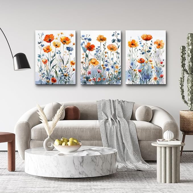 TTHYUEWS Boho Wall Art for Living Room Canvas Wall Decor for Bedroom Modern Wall Decorations For Dining Room Family Wall Pictures Artwork Flowers Watercolour Paintings Posters Home Decor 3 Piece