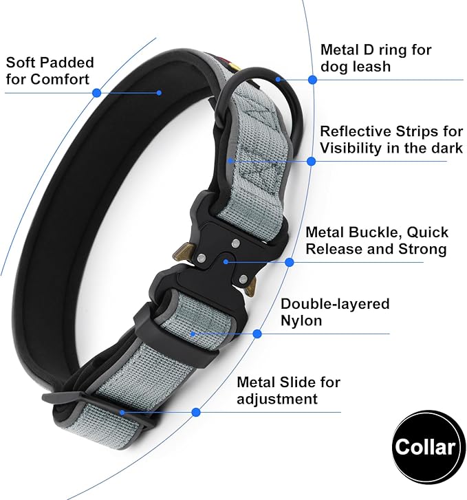 Plutus Pet Tactical Dog Collar, Reflective, Adjustable Heavy Duty Dog Collar, Soft Padded and Comfortable, for Small Medium and Large Dogs (Gray, M)