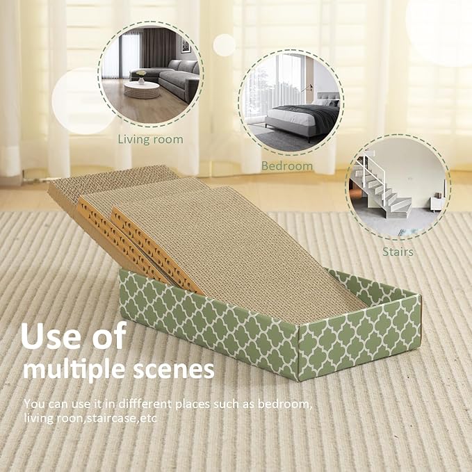 MECOOL Cat Scratching Board,3PC Scratch Pad with Box,Reversible Corrugated Scratcher Cardboard and Lounge Bed for Indoor Cats, Catnip