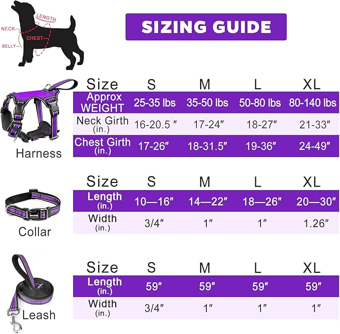 WINSEE Pet Harness Collar and Leash Set, All-in-one Reflective Dog Harness No Pull with Adjustable Buckles for Puppies, Small, Medium, Large, and Extra-Large Dogs (Medium, Purple)
