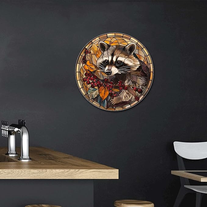 Lygond Metal Sign Tin Sign Circular Stained Glass Raccoon Minimalist Wall Art for Garage 8×8 Inches