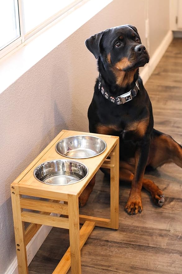 Adjustable Height Elevated Dog Bowls for Large Dogs- 12”, 14”, or 16” Tall with Four Stainless Steel Dog Bowls by Pawfect Pets