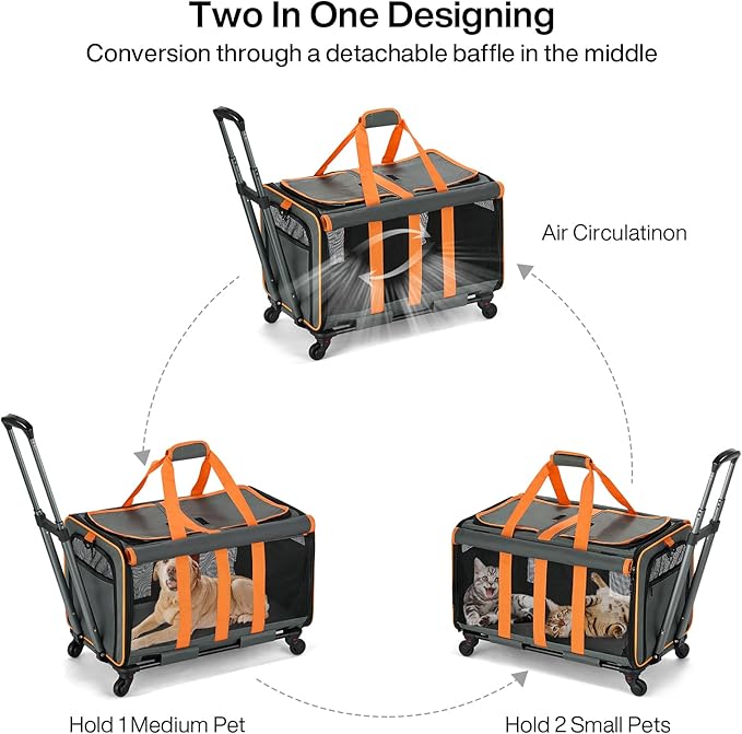 MILADA Large Cat Carrier for 2 Cats, Soft Big Pet Carrier with Wheels, Double Cat Carrier on Wheels, Rolling Pet Carrier for Travel Hiking Shopping and Camping(Not for Air Travel), Orange