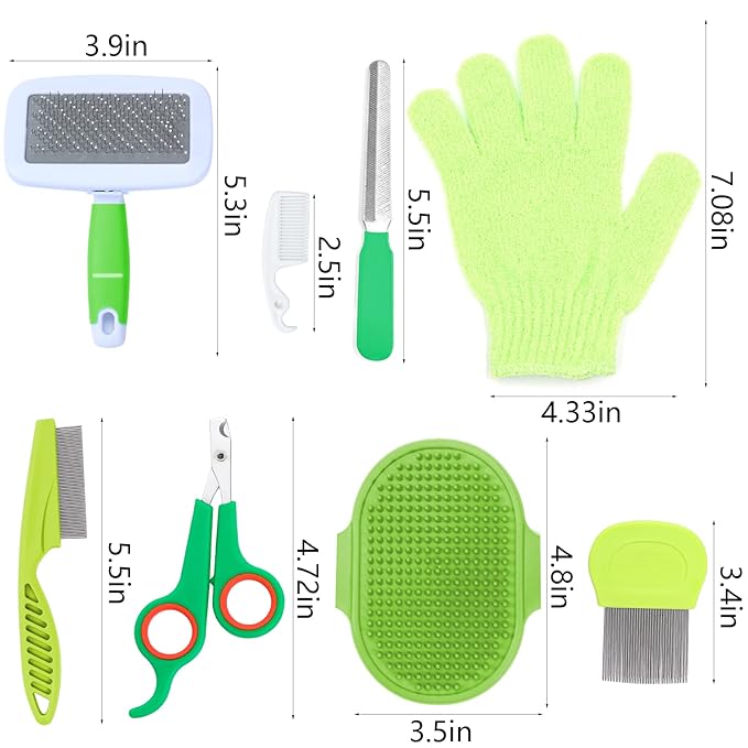 VCZONE 8 Pcs Small Animal Grooming Kit, Pink with Pet Nail Clipper and File, Flea Comb, Pet Shampoo Bath Brush, Pet Shedding Slicker Brush, Bath Massage Glove, Cleaning Comb (Green)