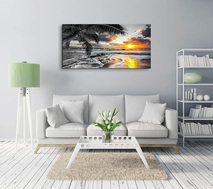 Yxbhhym-Beach Wall Art Black and White Ocean Pictures for Walls Sunrise Seascape Scenery Canvas Print Sunset Painting Palm Poster Sea Wave Artwork for Living Room Wall Art Bedroom Office Wall Décor