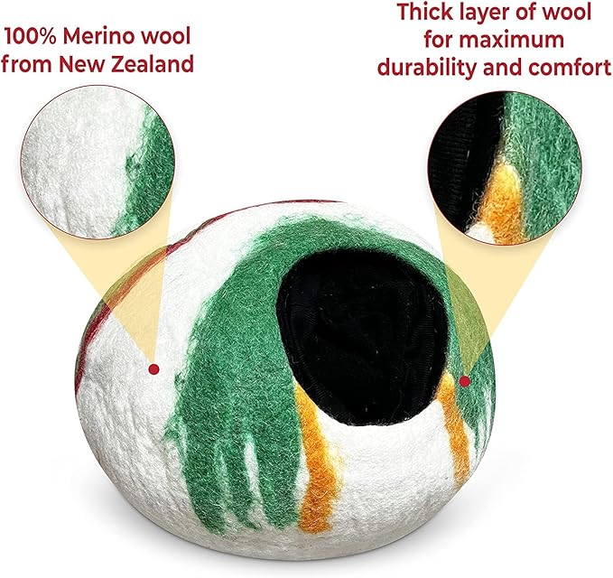 Woolygon Premium Felt Cat Cave Bed โ Wool Kitty Beds Handcrafted Kitten Caves Bed for Indoor Cats - Made from 100% Eco-Friendly Merino Wool, Foldable Cat Hidewawy Covered Cat House Pod (Candy Swirl)