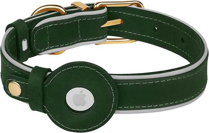 OOPSDOGGY Reflective Geniune Leather Airtag Dog Collar Soft Padded Collars for Small Medium Large Breed Dogs Puppy, 4 Sizes, 7 Colors (Green, XLarge, 19"-24")