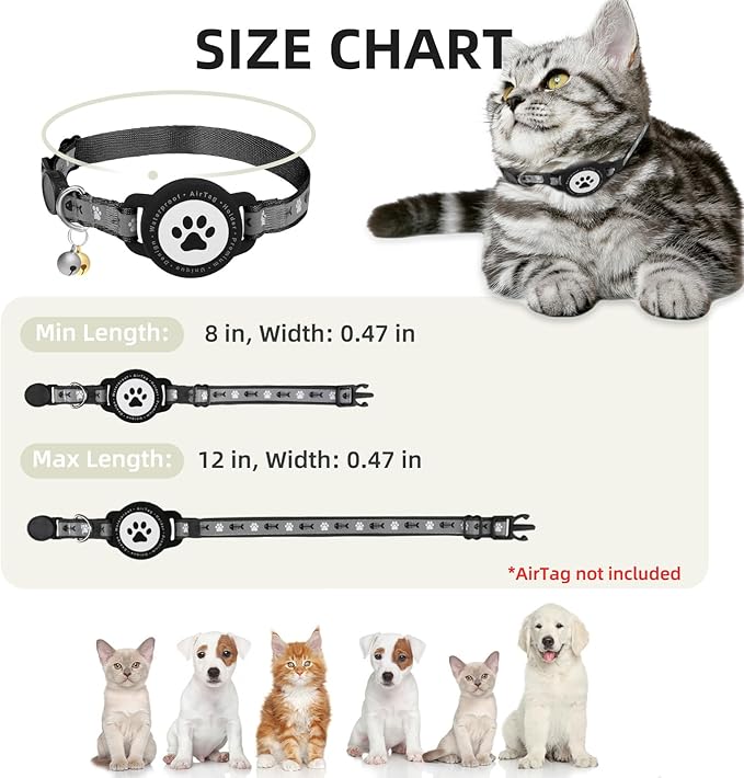 Waterproof Airtag Cat Collar, Reflective Cat Airtag Collar with Bell, Breakaway Cat collar AirTag Holder, Lightweight Kitten Collar for Apple Air tag, Cat GPS Collars for Girl Boy Cats, Kitten (Black)
