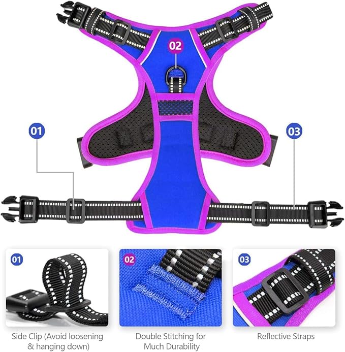 PHOEPET 2019 Upgraded No Pull Dog Harness, Reflective Adjustable Vest, with a Training Handle + 2 Metal Leash Hooks+ 3 Snap Buckles +4 Slide Buckles(L, Royal Blue)