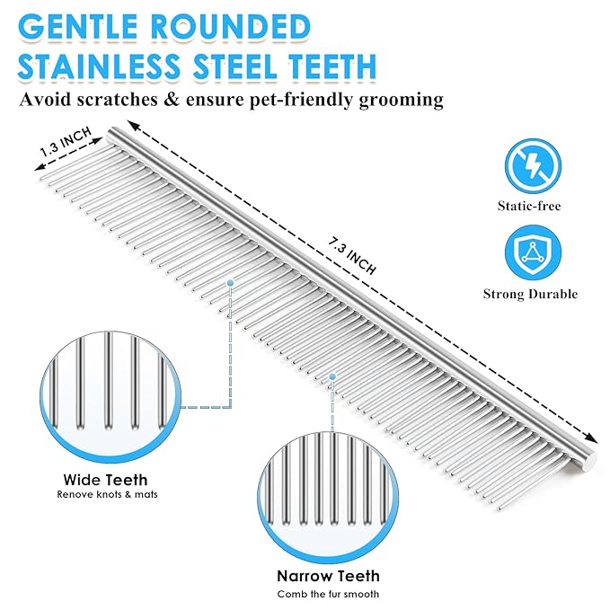 Large Dog Slicker Brush & Comb Set with Leather Sleeves - Long Pin Deshedding Brush for Golden Retrievers, Poodles, Doodles & Thick Coats, Wood Handle Pet Grooming Kit for Dogs, Cats. Blue