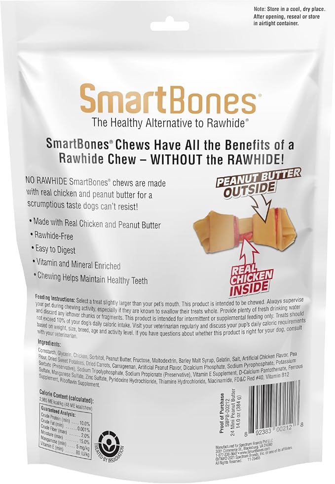 SmartBones Mini Chews With Real Peanut Butter 24 Count, Rawhide-Free Chews For Dogs (Packaging May Vary)