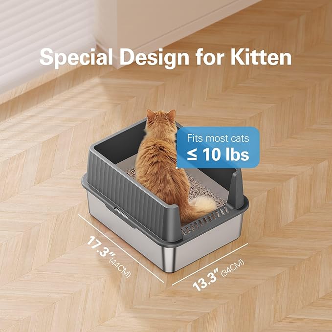 Zarler Stainless Steel Litter Box for Kittens, Small Cat Litter Boxes 17" L x 13" W x 11.8" H, Metal Kitty Litter Box with High Sides, Yellow (Non-Sticky, Easy to Clean, Anti-Urine Leakage)