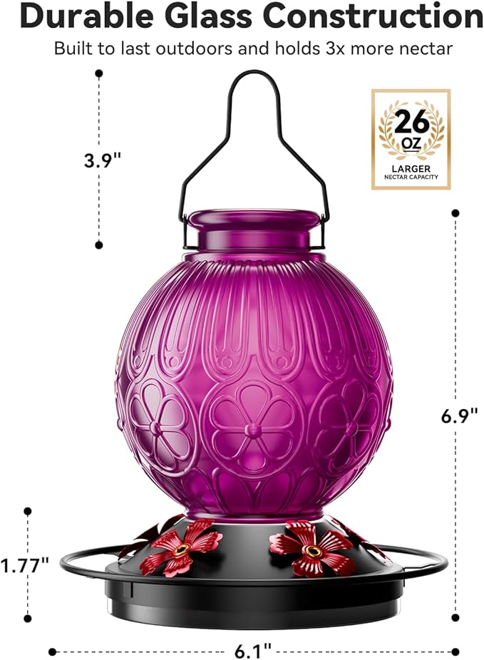 26Oz Hummingbird Feeder for Outdoors, Vintage Glass Bird Feeder with Perch, Durable & Easy to Clean, Hanging Nectar Feeder for Garden, Yard, Deck – Gift for Bird Lovers (Violet)