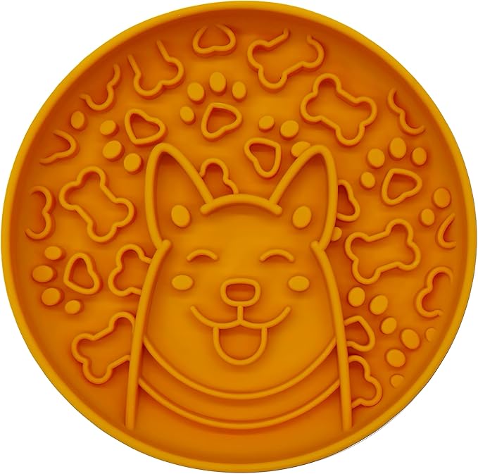 Silicone Slow Feeder Bowl for Dogs, Suction Cup Design, Non-Slip Base, Puppy Pattern Eating Slow, for All Breed Dogs (Dark Yellow)