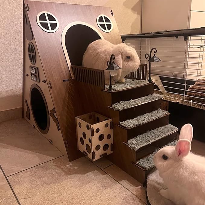 Large Modern Wooden Rabbit Castle House Hutch - Bunny Hideout Indoor Habitats - Pet 2-Story Home Furniture(Excluding Street Lights)