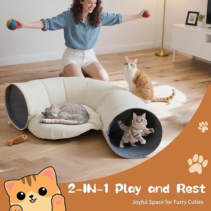 Pawaboo 2-in-1 Cat Tunnel Bed for Indoor Cats, 8-Shaped Large Cat Tunnels with Plush Cushions, Foldable Cats Cave Hideout Kitty Toys with Fluffy Balls, Donut Tunnel for Kitten Rabbit Ferret,Beige