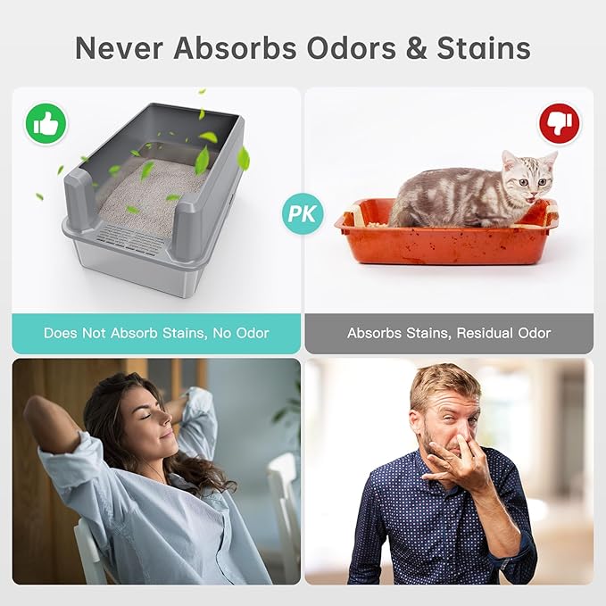 Enclosed Stainless Steel Cat Litter Box with Lid, XL Extra Large Litter Box for Big Cats, Metal Litter Pan High Sided, Never Absorbs Odors, Anti-Urine Leakage, Include Scoop (SH-Light Gray)