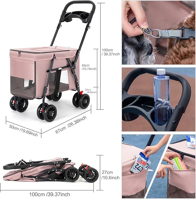 Pet Stroller Cat Dog Stroller Travel Folding Pet Carriers(Pink)