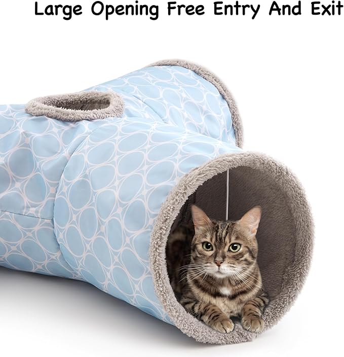 Tempcore Pet Cat Tunnel Tube Toys 3 Way Collapsible, Cat Tunnels for Indoor Cats Fleece-Lined in for Warmth,Kitty Tunnel Bored Cat Pet Toys Peek Hole Toy Ball Cat, Puppy, Kitten, Geometry Blue
