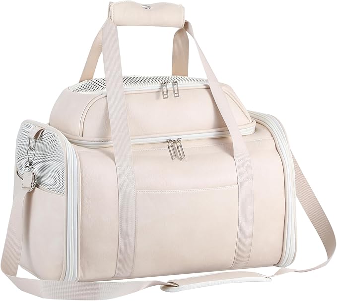 Premium Leather Top Expandable Pet Carrier for Small Dogs & Cats Under 15 lbs, Airline Approved Collapsible Soft-Sided Luxury Travel Bag Beige