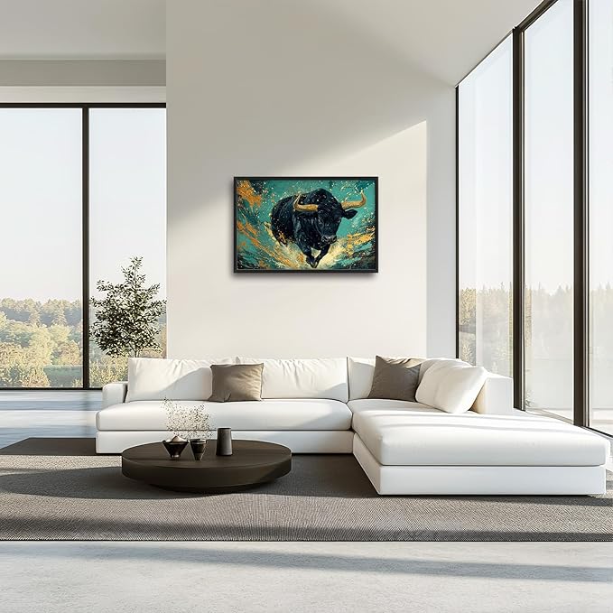 Large Bison Buffalo Wall Art for Living Room, Framed Oversized Bull Wall Decor, Abstract Teal and Golden Canvas Painting Modern Artwork for Living Room Bedroom Office Dining Room 36"x24"