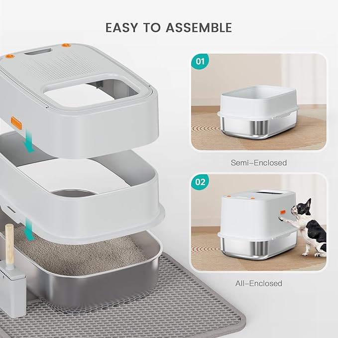 XL Stainless Steel Cat Litter Box Top Entry Extra Large Metal Litter Box with High Side for Big Cats, Multiple Cats, No Odor, Easy to Clean, Anti-Urine Leakage, Dog-Proof, Non-Sticky(Grey)