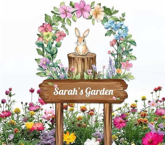 Personalized Rabbit Metal Sign with Stake,Custom Gardener Last Name Signs Outdoor Decor,Customized Flowers Gardening Birthday Gifts,Cute Animal Plaques for Patio Lawn Porch Backyard Farmhouse Outside