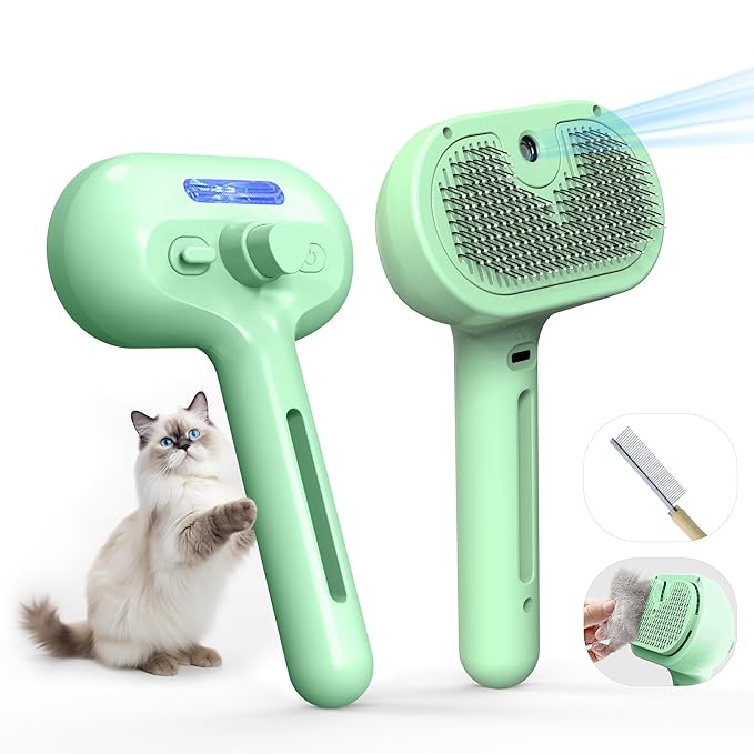 Pet Grooming Brush with Electronic Mist Spray - Gentle Deshedding Tool for Cats & Dogs, Pet Steam Brush,Reduces Shedding, Soft Bristles, Promotes Healthy Coat-Comes with a hair smoothing comb-Greener