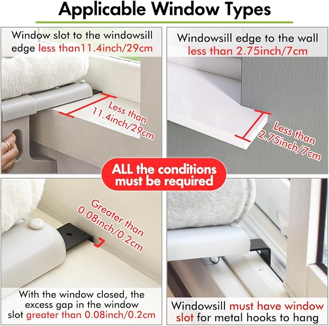 Cat Window Sill Perch with Large Bolster, Easy to Adjust & Assemble Cat Window Seat for Windowsill & Bedside, Pet Hammock Bed for Large Cats and Kittens (White, L)