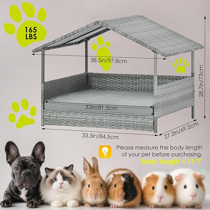 Wicker Dog House Outdoor Indoor with Canopy, Elevated Dog Shelter & Dog Bed with Light Gray Cushion, Water-Resistant Raised Pet House for Small Medium Dogs, Rattan Dog Cot for Deck, Patio, Yard, Pool