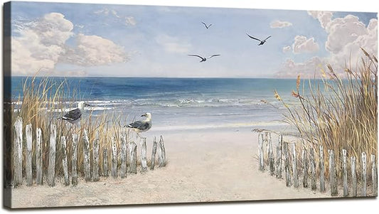 XXMWallArt FC3775 Sandy Beach Wall Art Canvas Print Wall Art Seascape Blue Print Home Decor Abstract Coastal Picture Modern Ocean Artwork for Living Room Bedroom Bathroom Office Decor