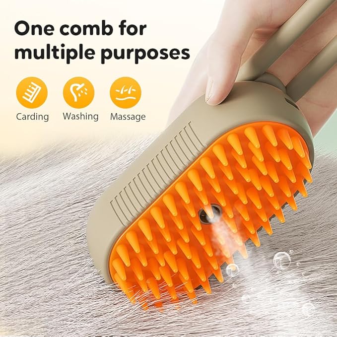 3-In-1 Rechargeable Steamy Cat Brush, Deep Cleaning & Hair Removal System with Rotating Handle, 360° Massage for Cats & Dogs (Cream)