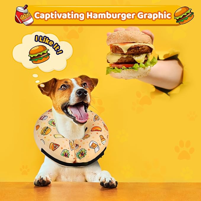 Grand Line Hamburger Inflatable Collar for Dogs and Cats, Soft Protective Recovery Cone After Surgery, Blow up Pet Collar Cone, E-Collar Alternative Does not Block Vision (Large)