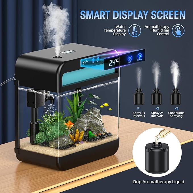 Fish Tank 2.2 Gallon Fish Bowl with Humidifier 7 Color Auto-Looping Light 3 in 1 Quiet Pump with Filteration & Oxygenation & Circulation, Temperature Display, HD Float Glass, Thickened Base